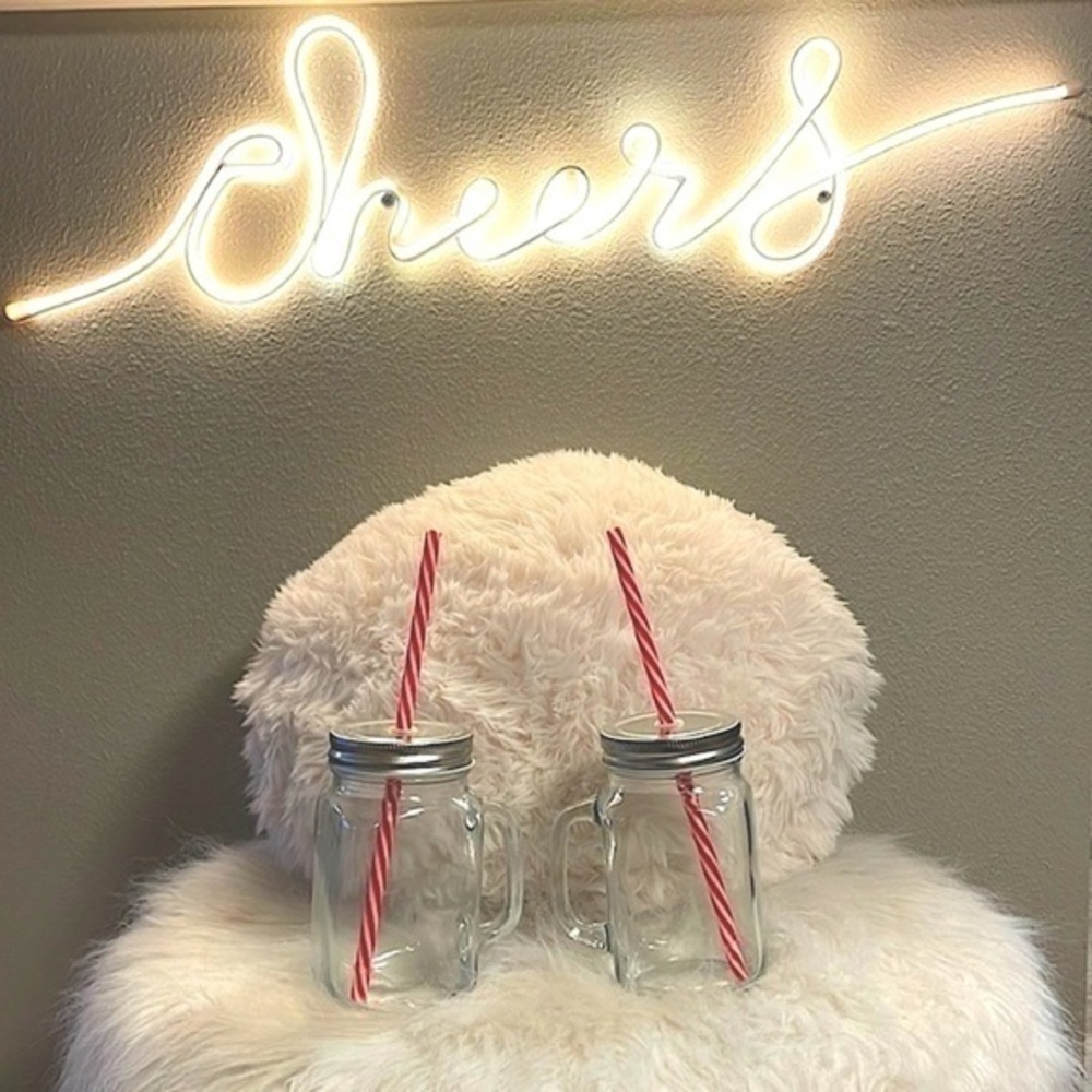 Two glass mugs with lids and red & white straws. Set of 2